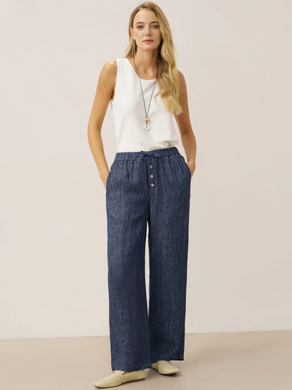 100% Linen Denim Texture Elastic Waist Straight Leg Pants HAZEL  DestGlow