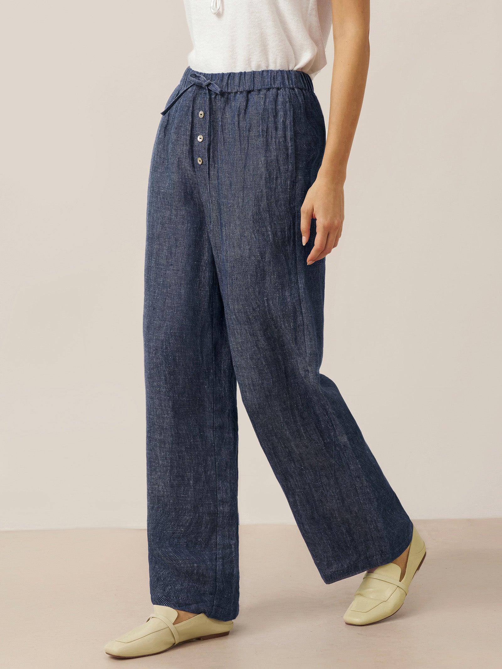100% Linen Denim Texture Elastic Waist Straight Leg Pants HAZEL  DestGlow