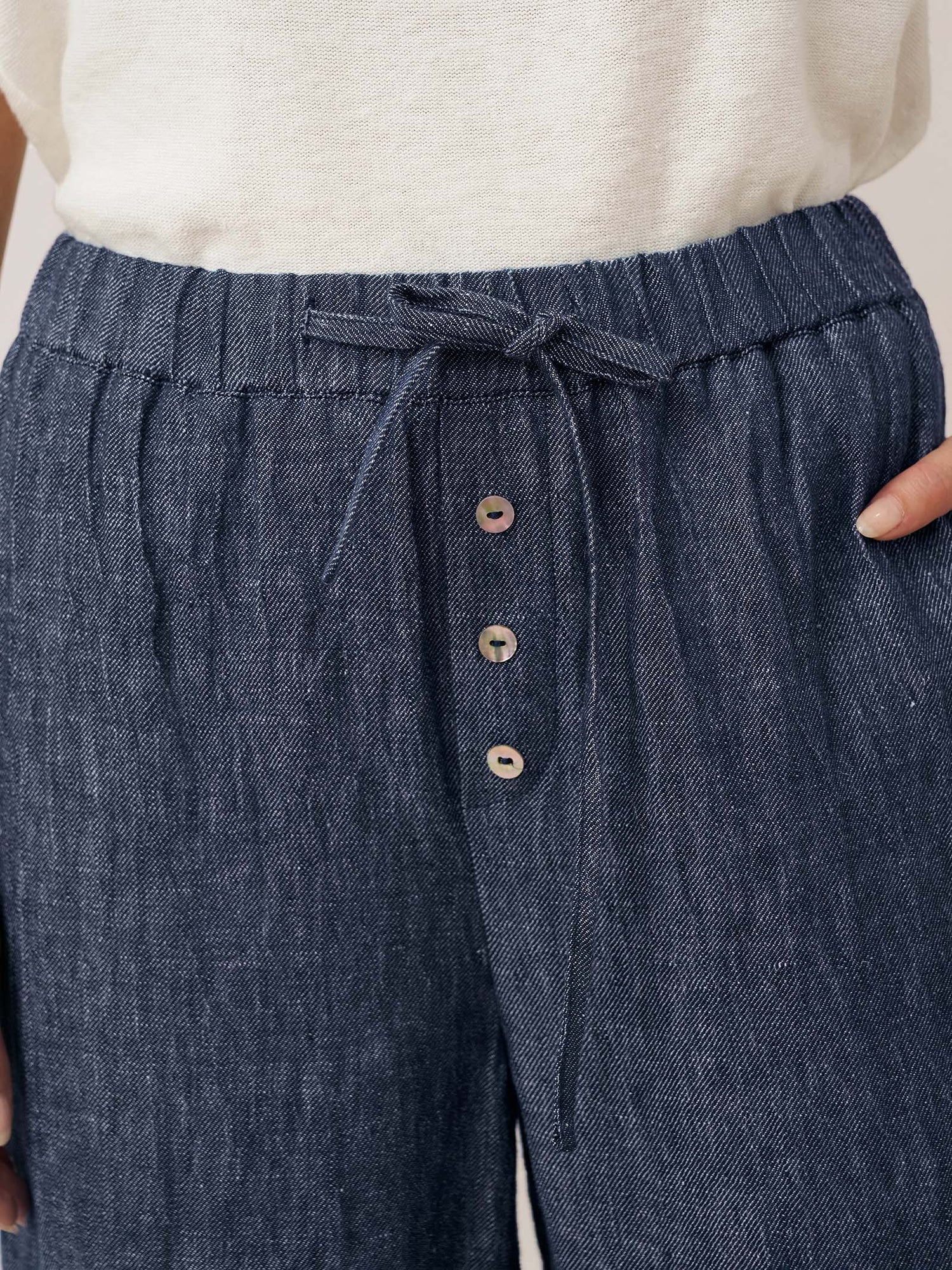 100% Linen Denim Texture Elastic Waist Straight Leg Pants HAZEL  DestGlow