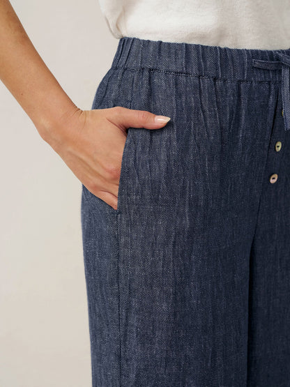 100% Linen Denim Texture Elastic Waist Straight Leg Pants HAZEL  DestGlow
