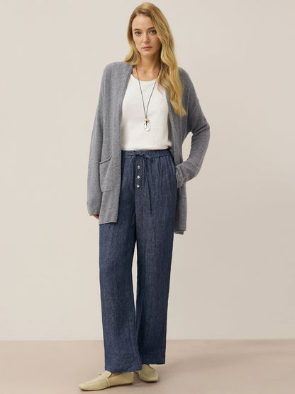 100% Linen Denim Texture Elastic Waist Straight Leg Pants HAZEL  DestGlow
