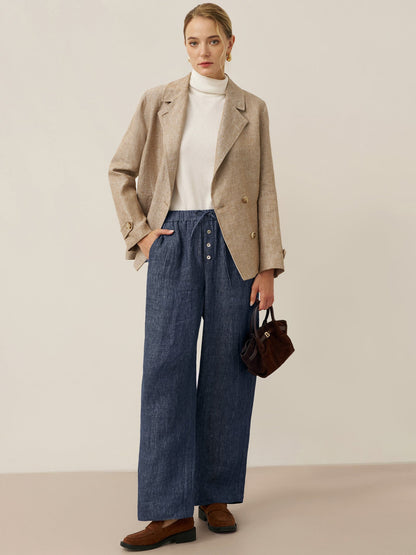 100% Linen Denim Texture Elastic Waist Straight Leg Pants HAZEL  DestGlow