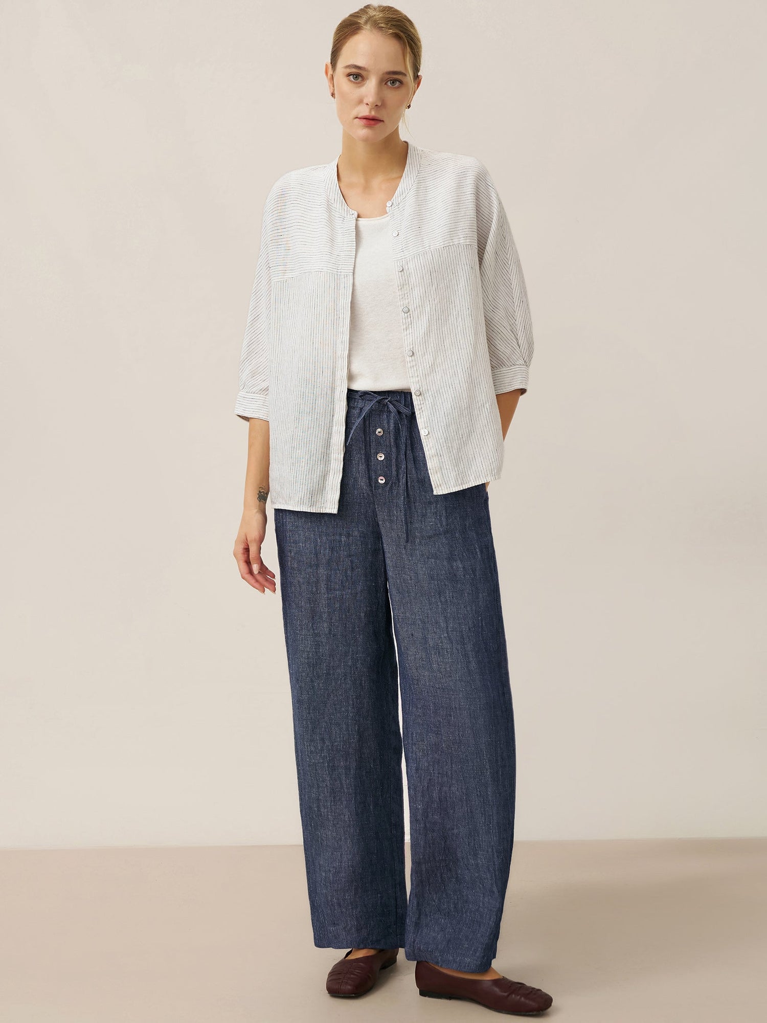 100% Linen Denim Texture Elastic Waist Straight Leg Pants HAZEL  DestGlow