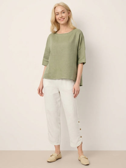 100% Linen Drop Shoulder Shirred Back High-Low Hem Top LINDSEY by LINTICO