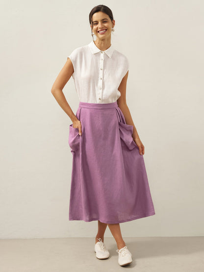 Linen Checked Elastic Waist Skirt ONYX by LINTICO