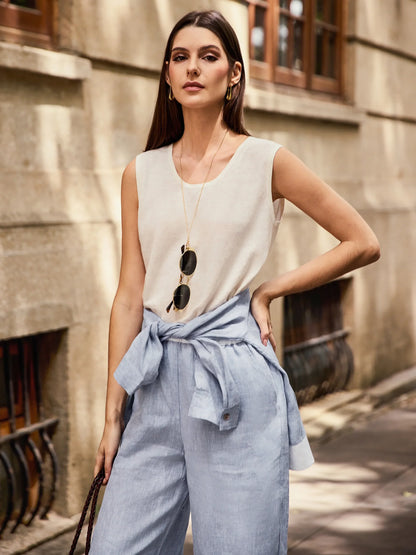 100% Linen Elastic Waist Straight-Leg Trousers JOURDAN by LINTICO