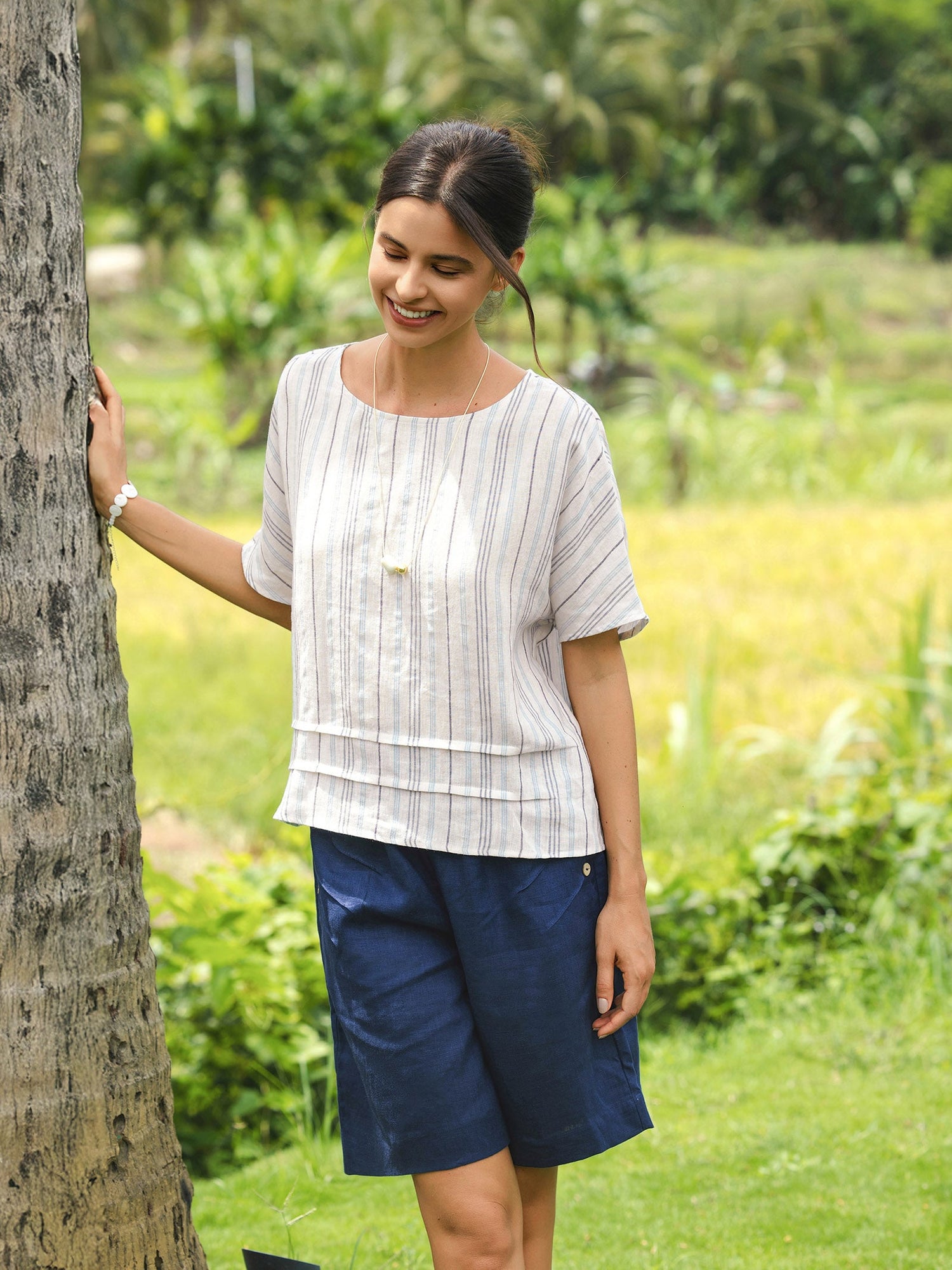 100% Linen Pleated Striped Pullover Top VIA by LINTICO