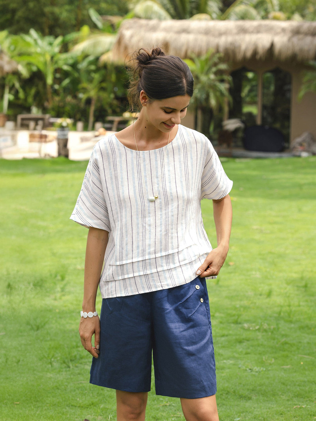 100% Linen Elastic Waistband Capri Pants ANNA by LINTICO