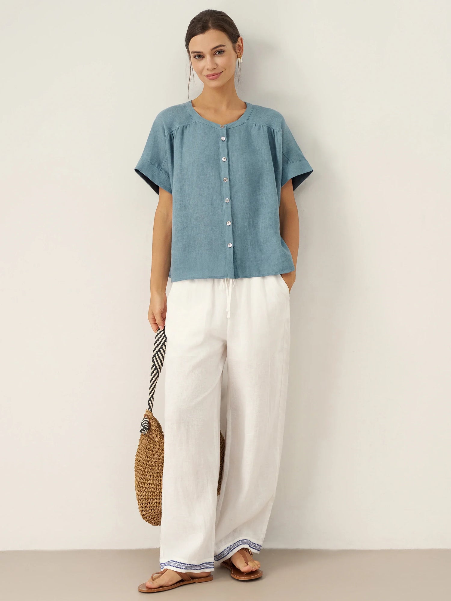 100% Linen Embroidered Elastic Waist Pants FENE by LINTICO
