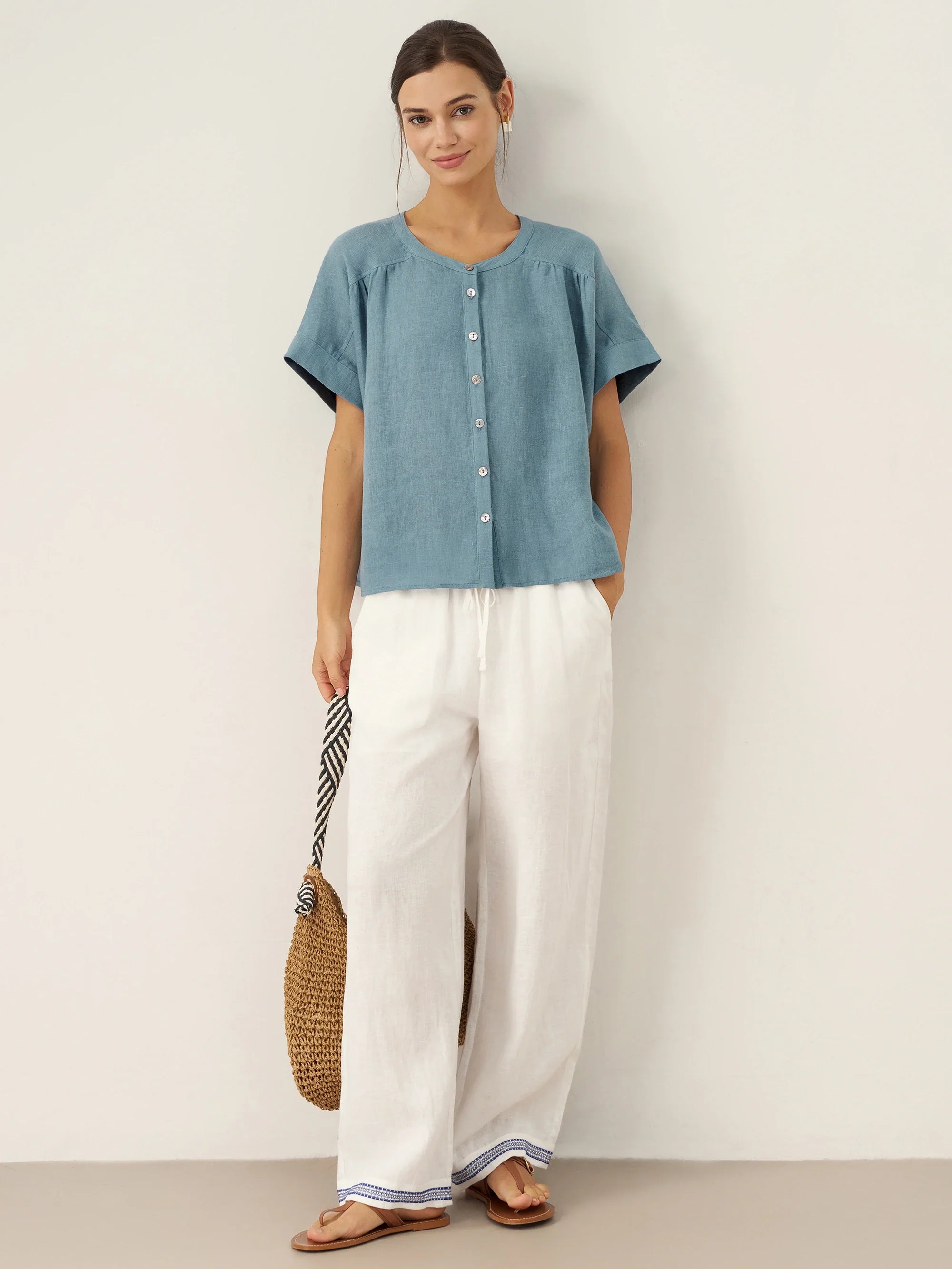 100% Linen Embroidered Elastic Waist Pants FENE by LINTICO