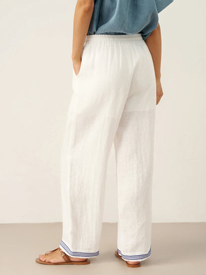 100% Linen Embroidered Elastic Waist Pants FENE by LINTICO