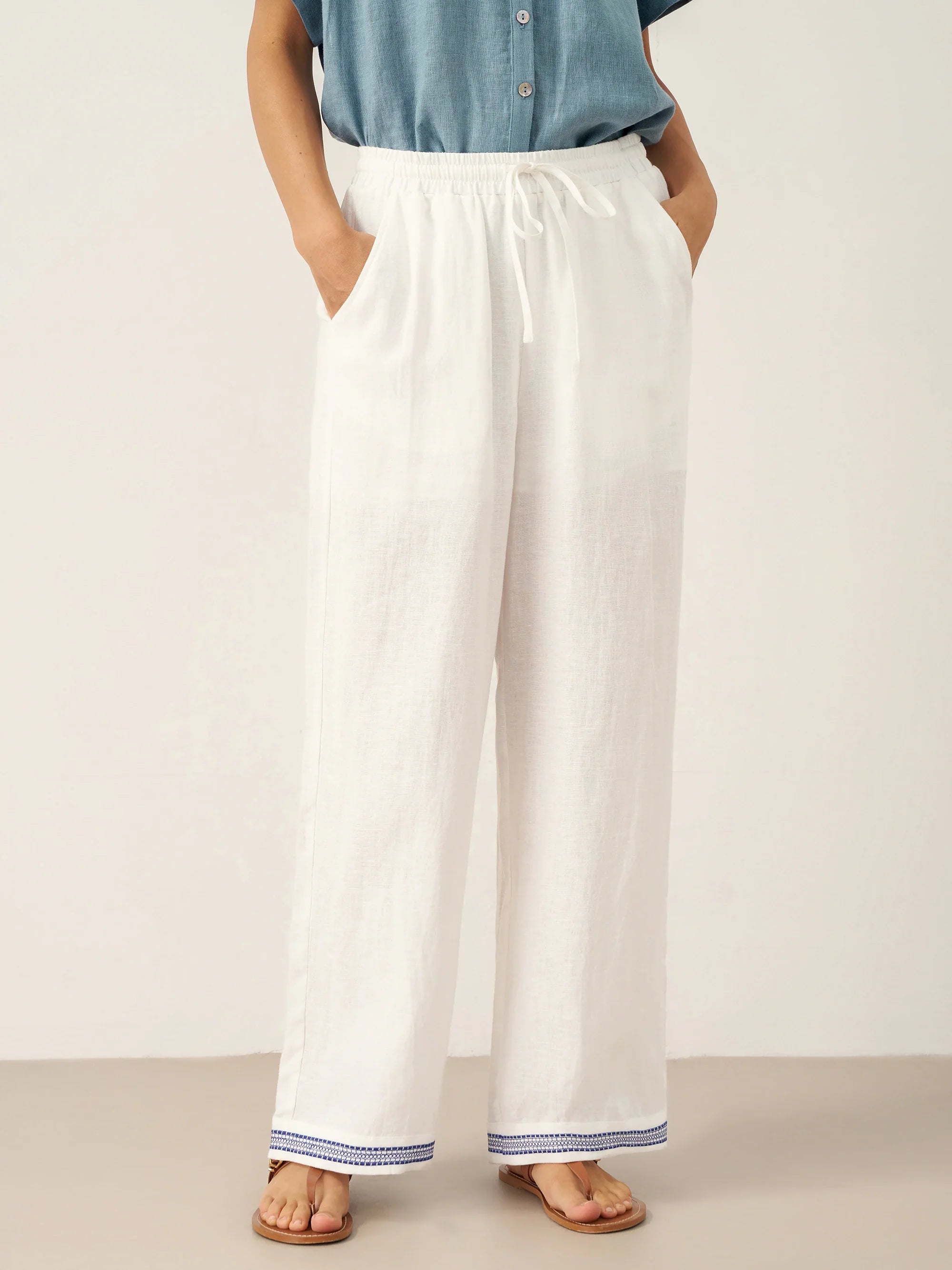 100% Linen Embroidered Elastic Waist Pants FENE by LINTICO