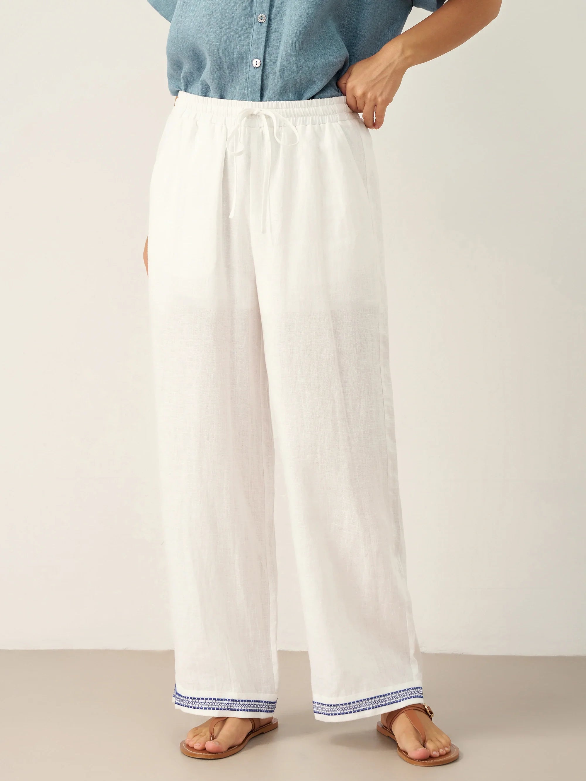 100% Linen Embroidered Elastic Waist Pants FENE by LINTICO