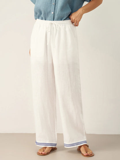 100% Linen Embroidered Elastic Waist Pants FENE by LINTICO