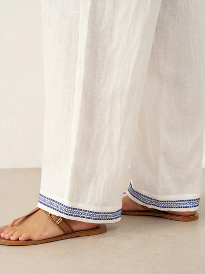 100% Linen Embroidered Elastic Waist Pants FENE by LINTICO