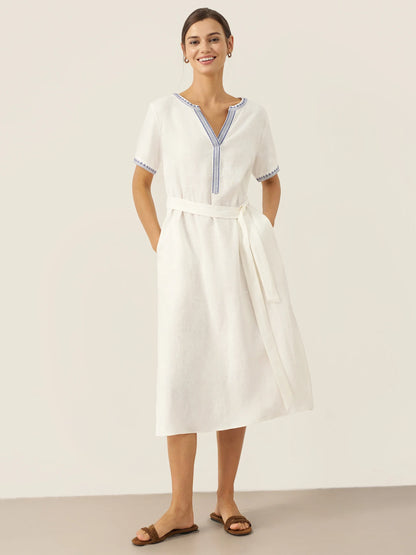 100% Linen Embroidered V-Neck Midi Dress with Belt FELLIS by LINTICO