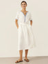100% Linen Embroidered V-Neck Midi Dress with Belt FELLIS by LINTICO