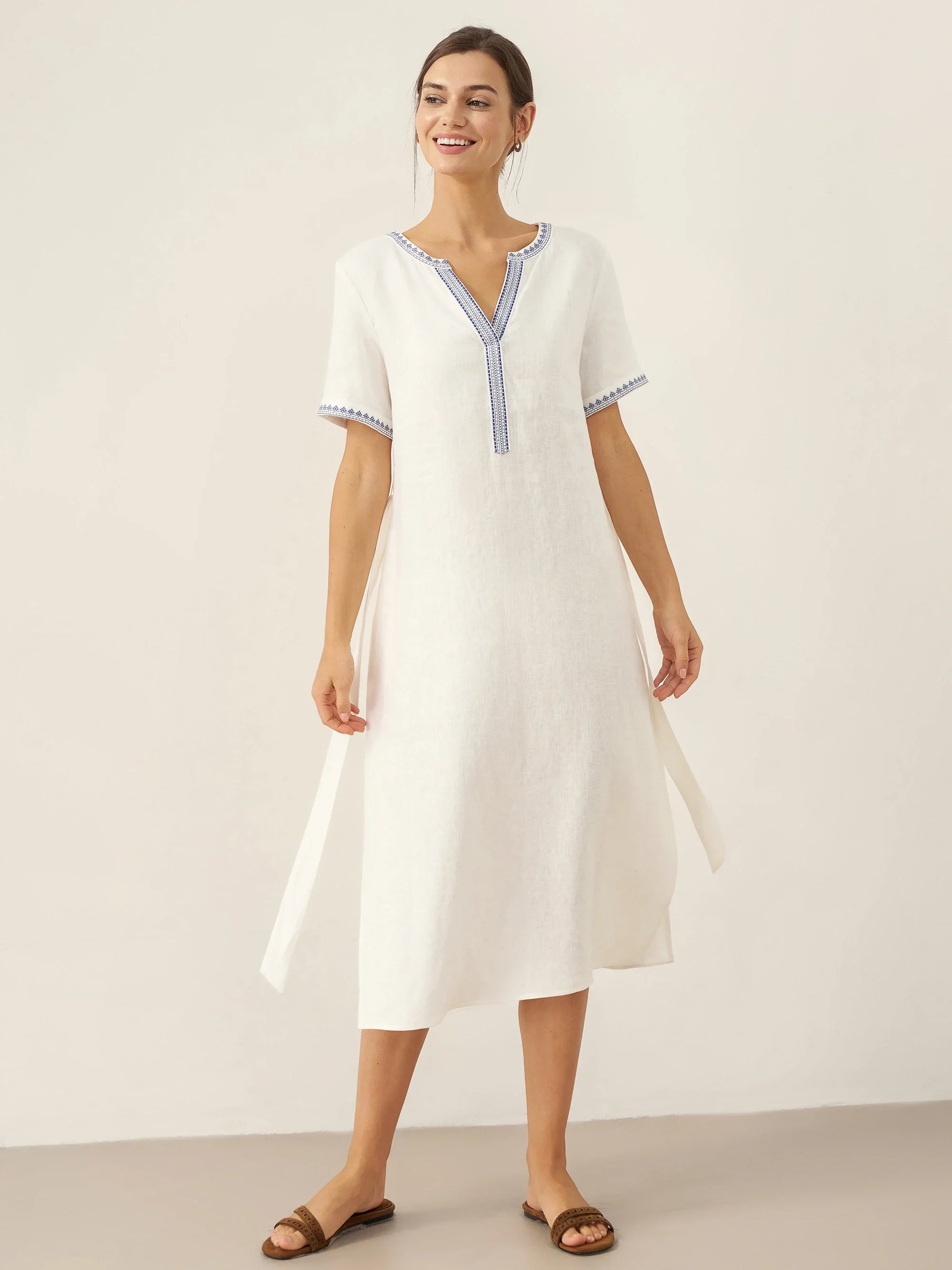 100% Linen Embroidered V-Neck Midi Dress with Belt FELLIS by LINTICO