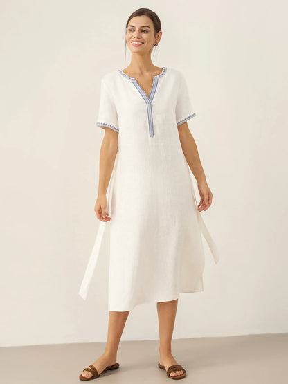 100% Linen Embroidered V-Neck Midi Dress with Belt FELLIS by LINTICO