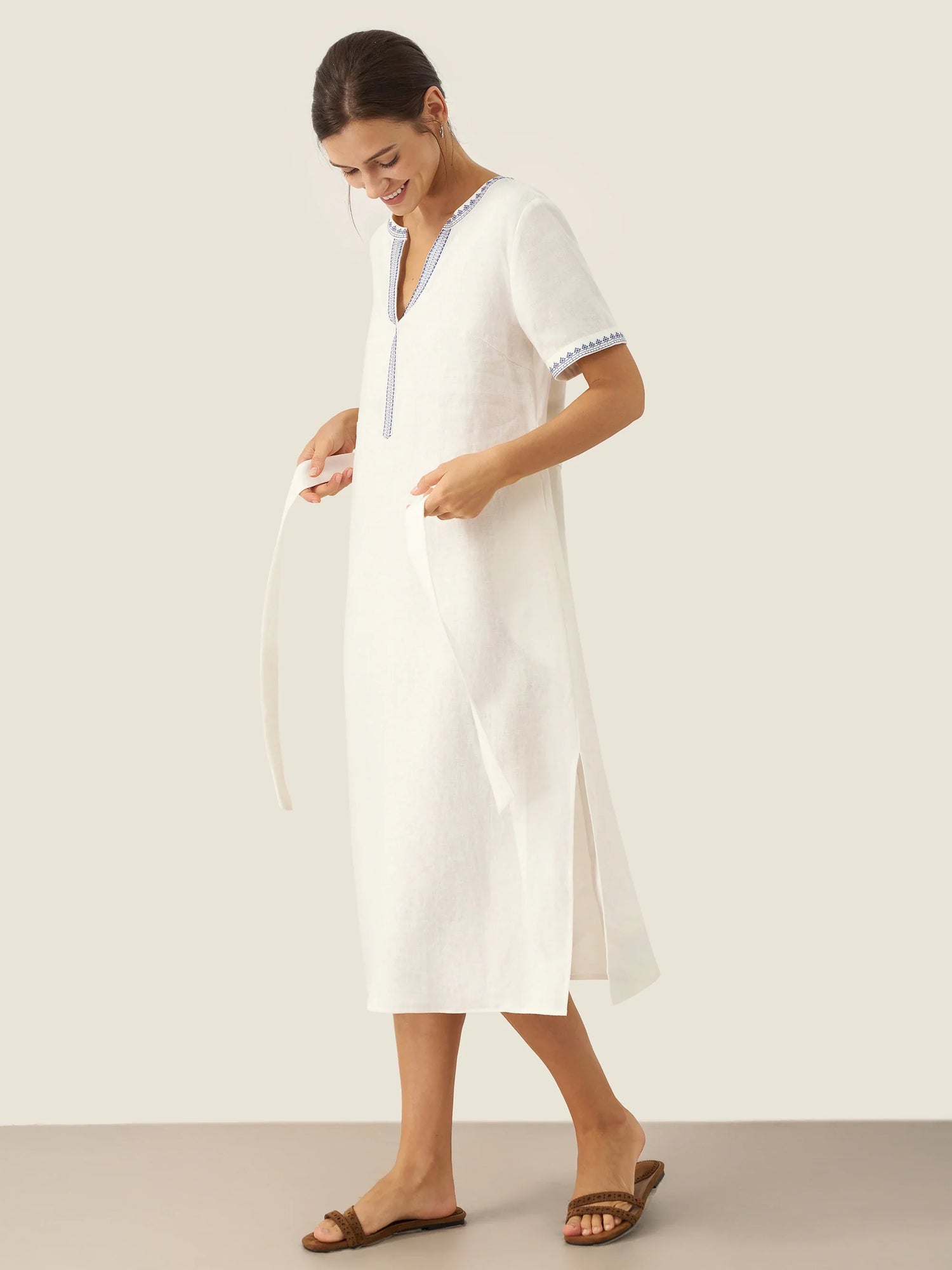100% Linen Embroidered V-Neck Midi Dress with Belt FELLIS by LINTICO