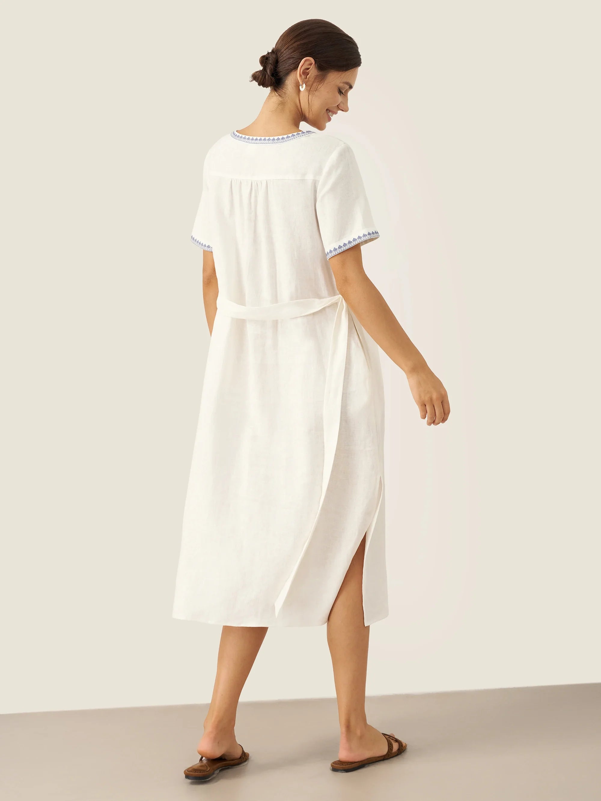100% Linen Embroidered V-Neck Midi Dress with Belt FELLIS by LINTICO