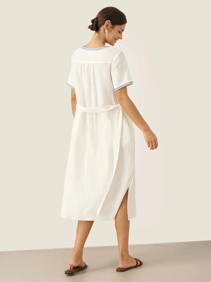 100% Linen Embroidered V-Neck Midi Dress with Belt FELLIS by LINTICO