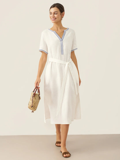 100% Linen Embroidered V-Neck Midi Dress with Belt FELLIS by LINTICO