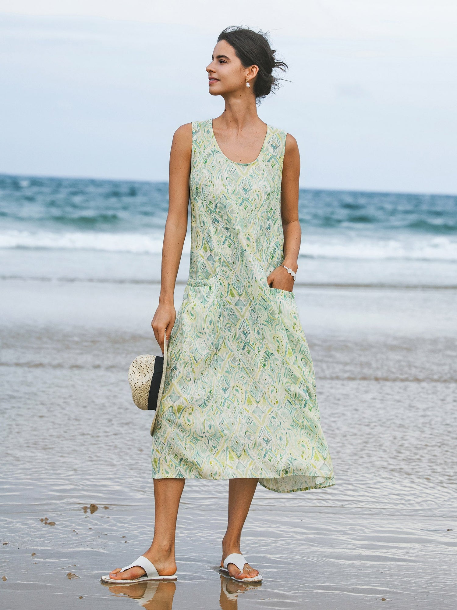 100% Linen Floral Swing Beach Tank Dress LORRAINE by LINTICO