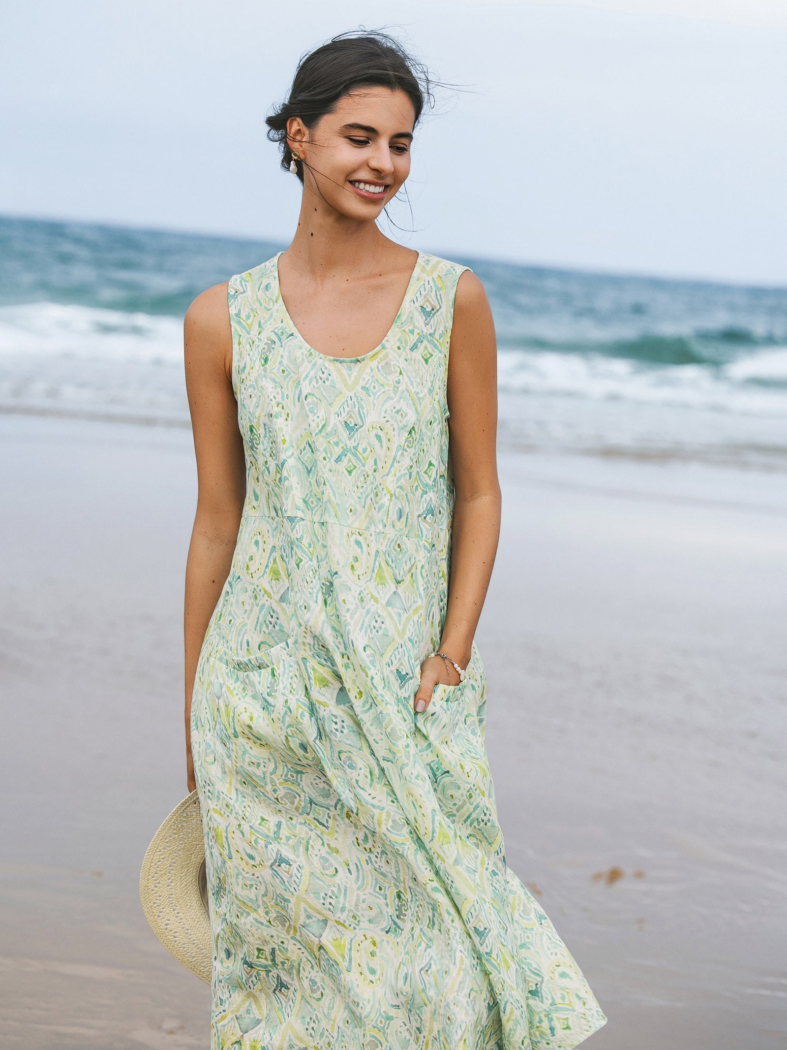 100% Linen Floral Swing Beach Tank Dress LORRAINE by LINTICO