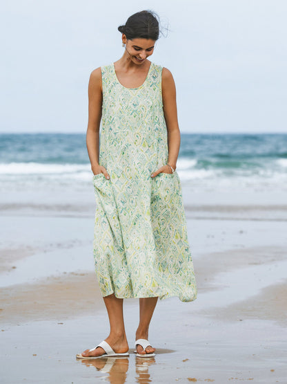 100% Linen Floral Swing Beach Tank Dress LORRAINE by LINTICO