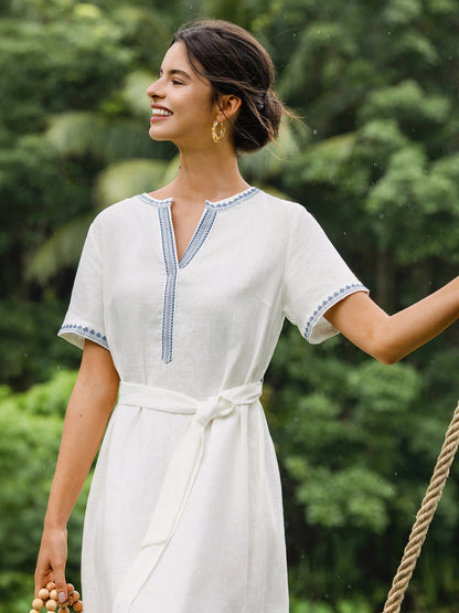100% Linen Embroidered V-Neck Midi Dress with Belt FELLIS by LINTICO
