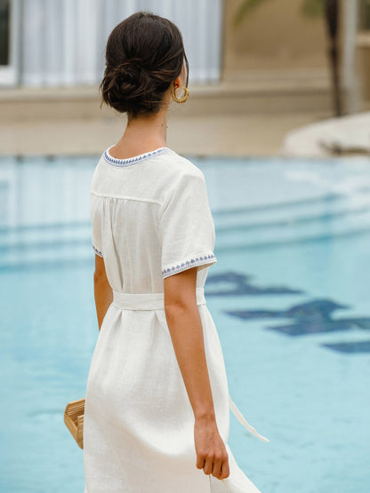 100% Linen Embroidered V-Neck Midi Dress with Belt FELLIS by LINTICO