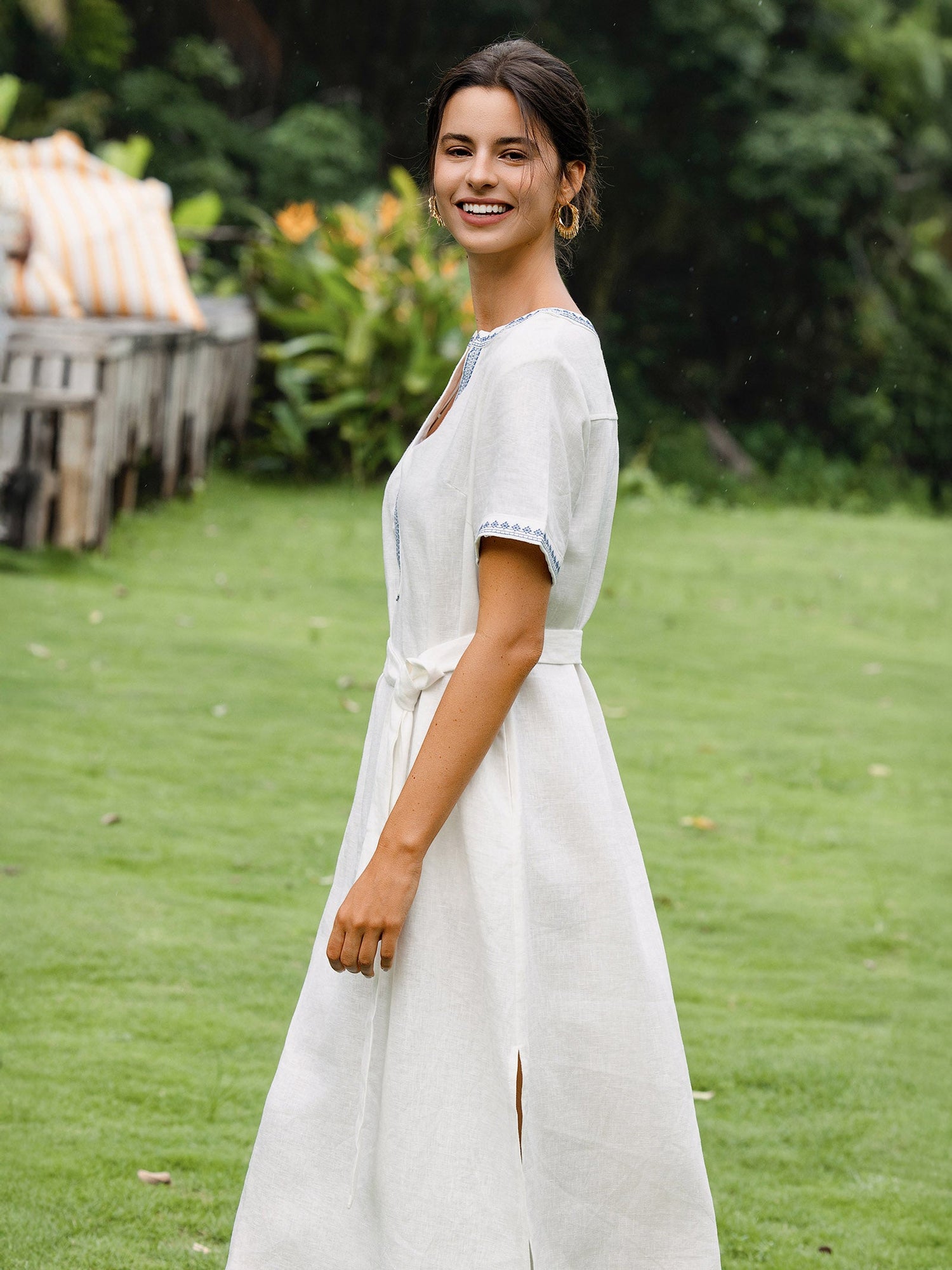 100% Linen Embroidered V-Neck Midi Dress with Belt FELLIS by LINTICO