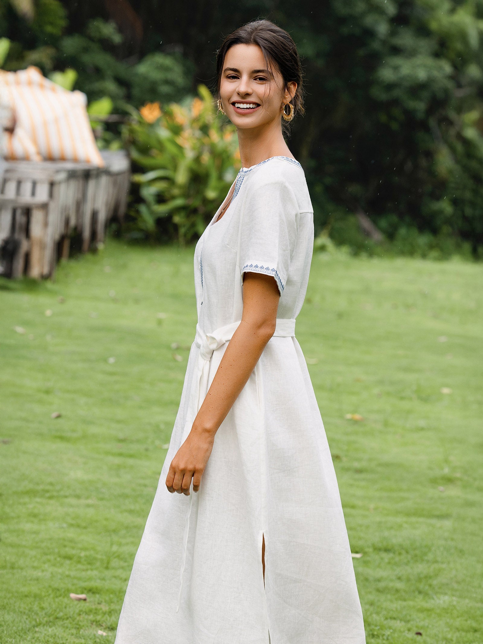 100% Linen Embroidered V-Neck Midi Dress with Belt FELLIS by LINTICO