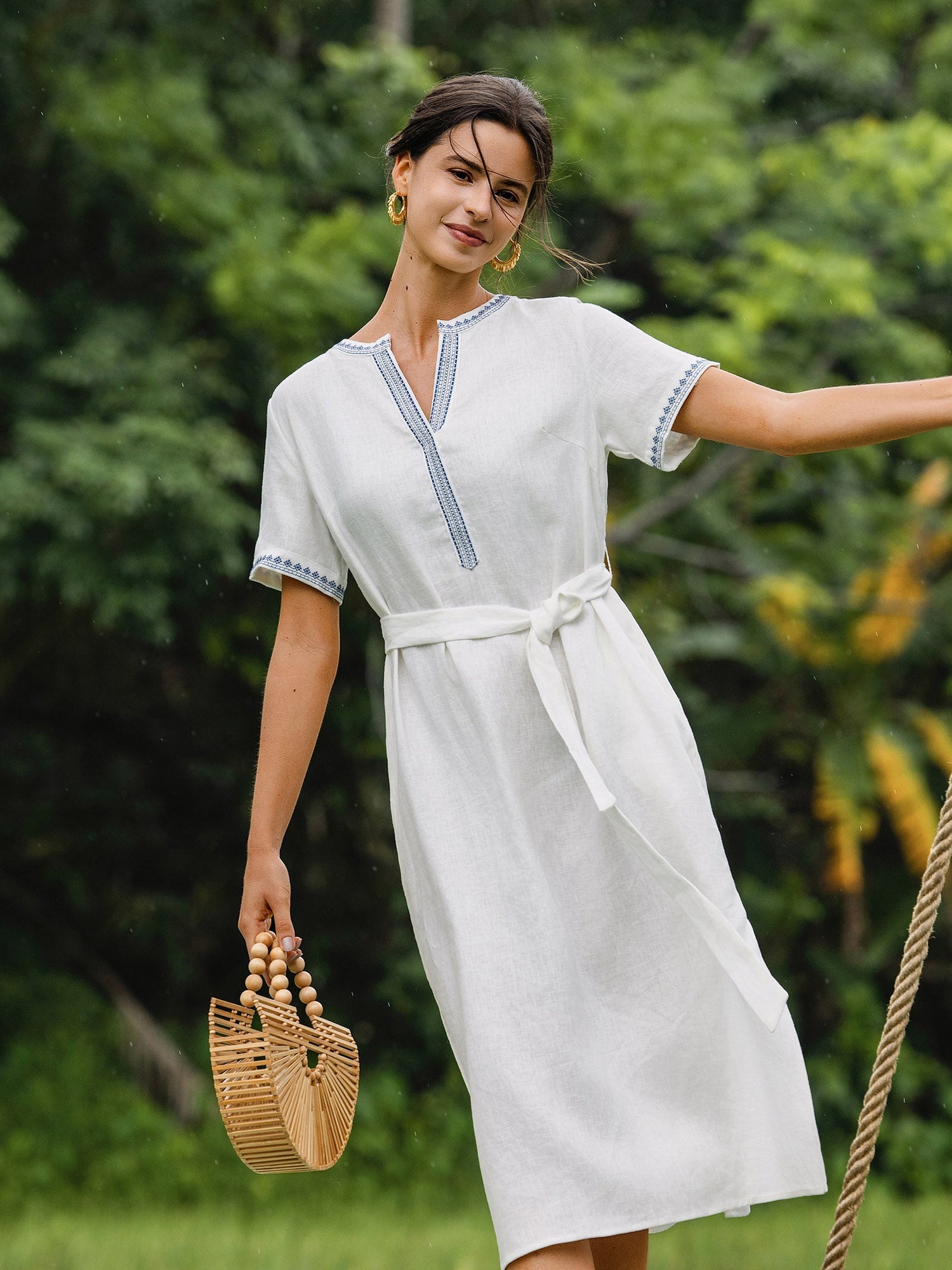 100% Linen Embroidered V-Neck Midi Dress with Belt FELLIS by LINTICO