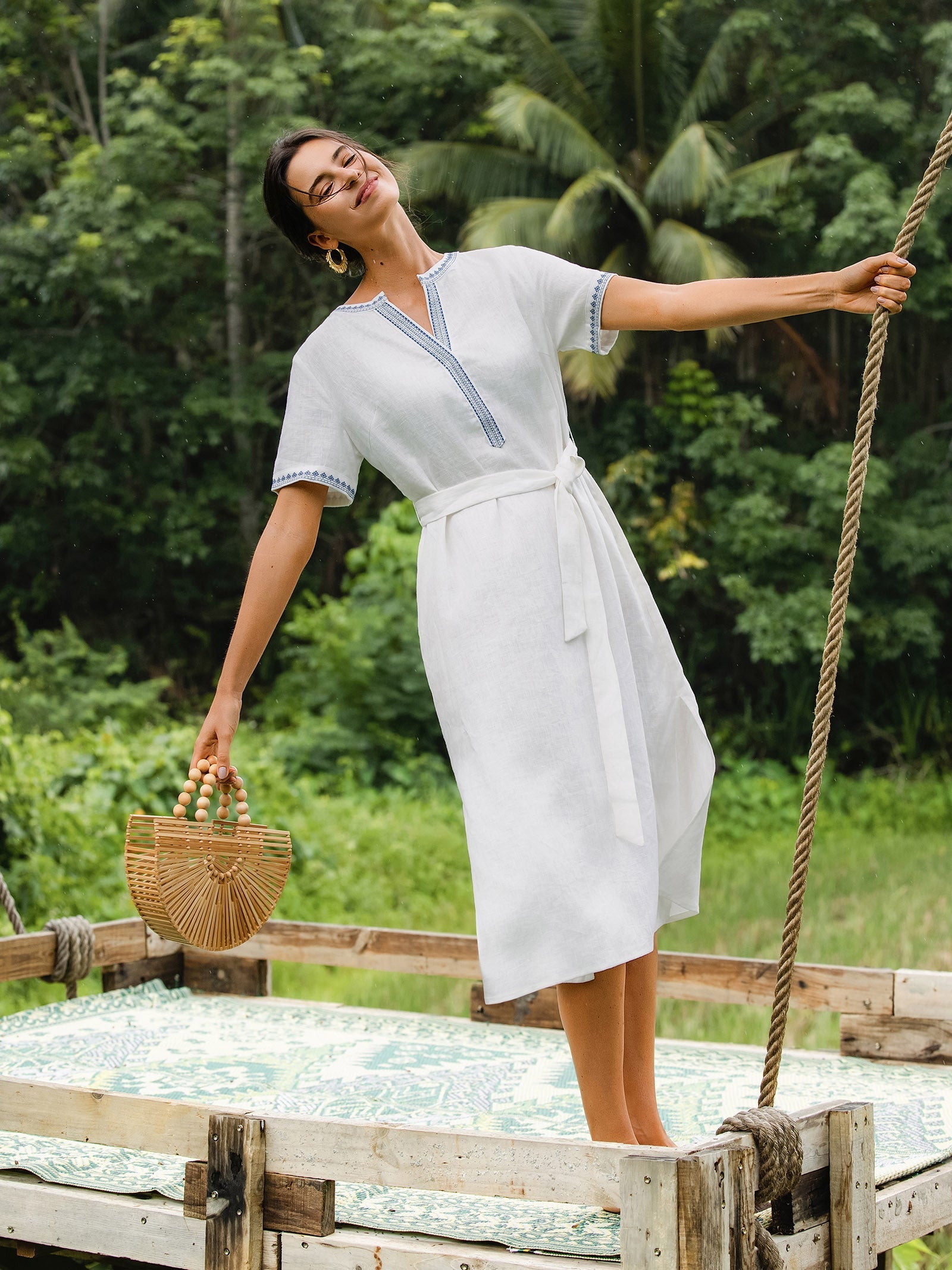 100% Linen Embroidered V-Neck Midi Dress with Belt FELLIS by LINTICO