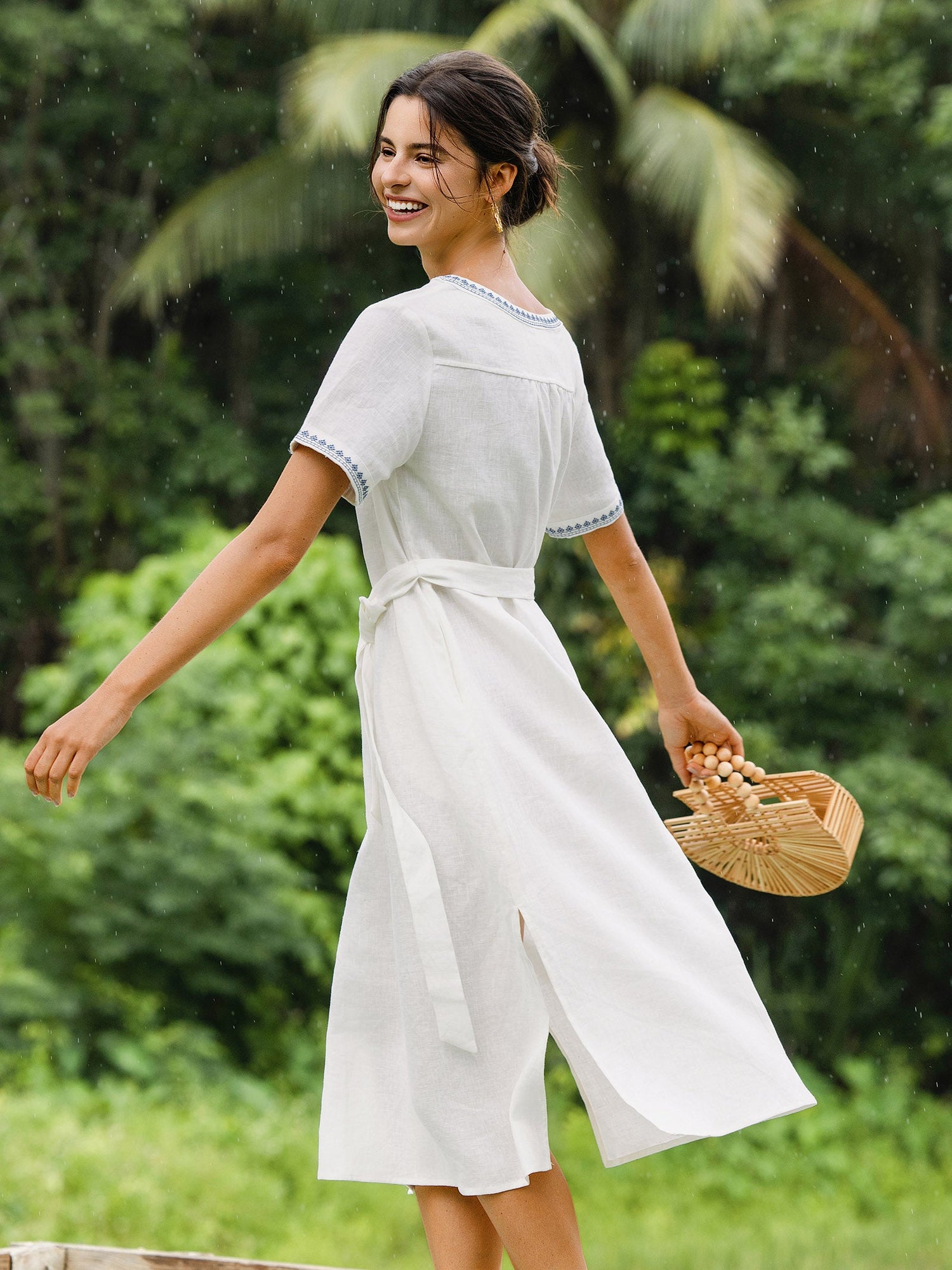 100% Linen Embroidered V-Neck Midi Dress with Belt FELLIS by LINTICO