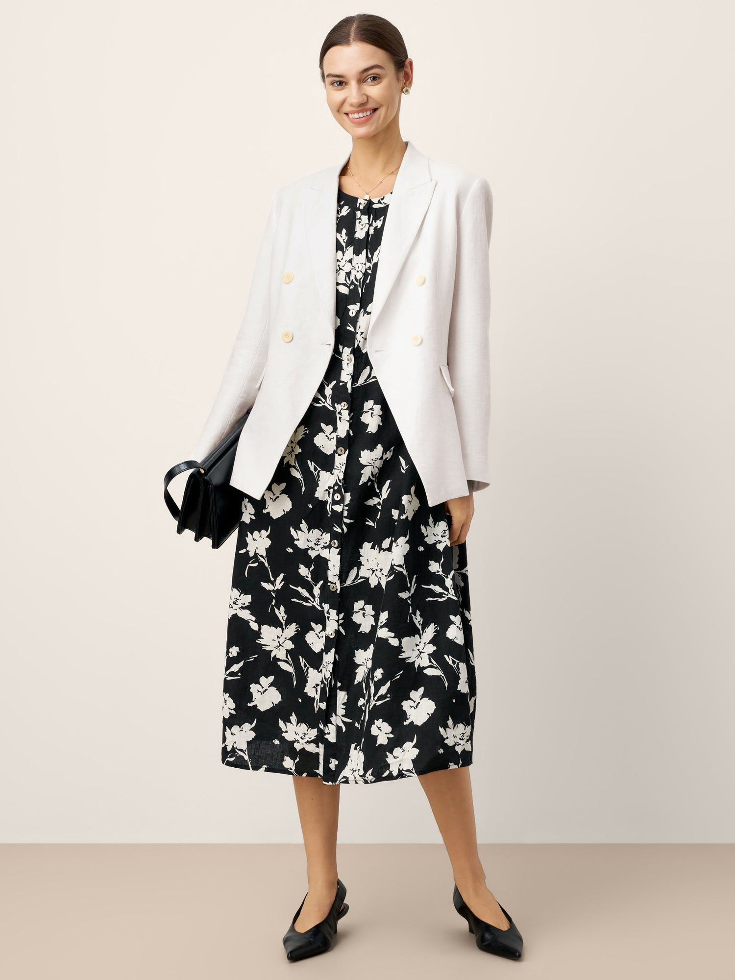 100% Linen Floral Printed Gathered Maxi Dress ELODIE by LINTICO