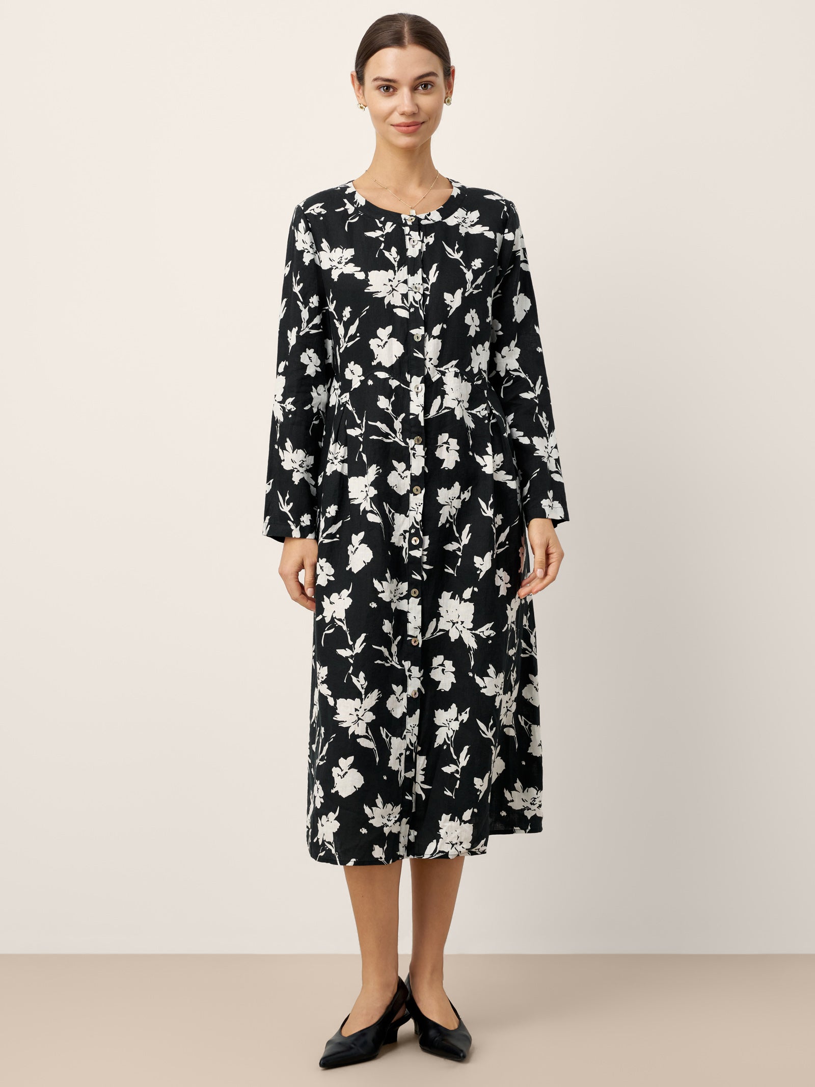 100% Linen Floral Printed Gathered Maxi Dress ELODIE by LINTICO