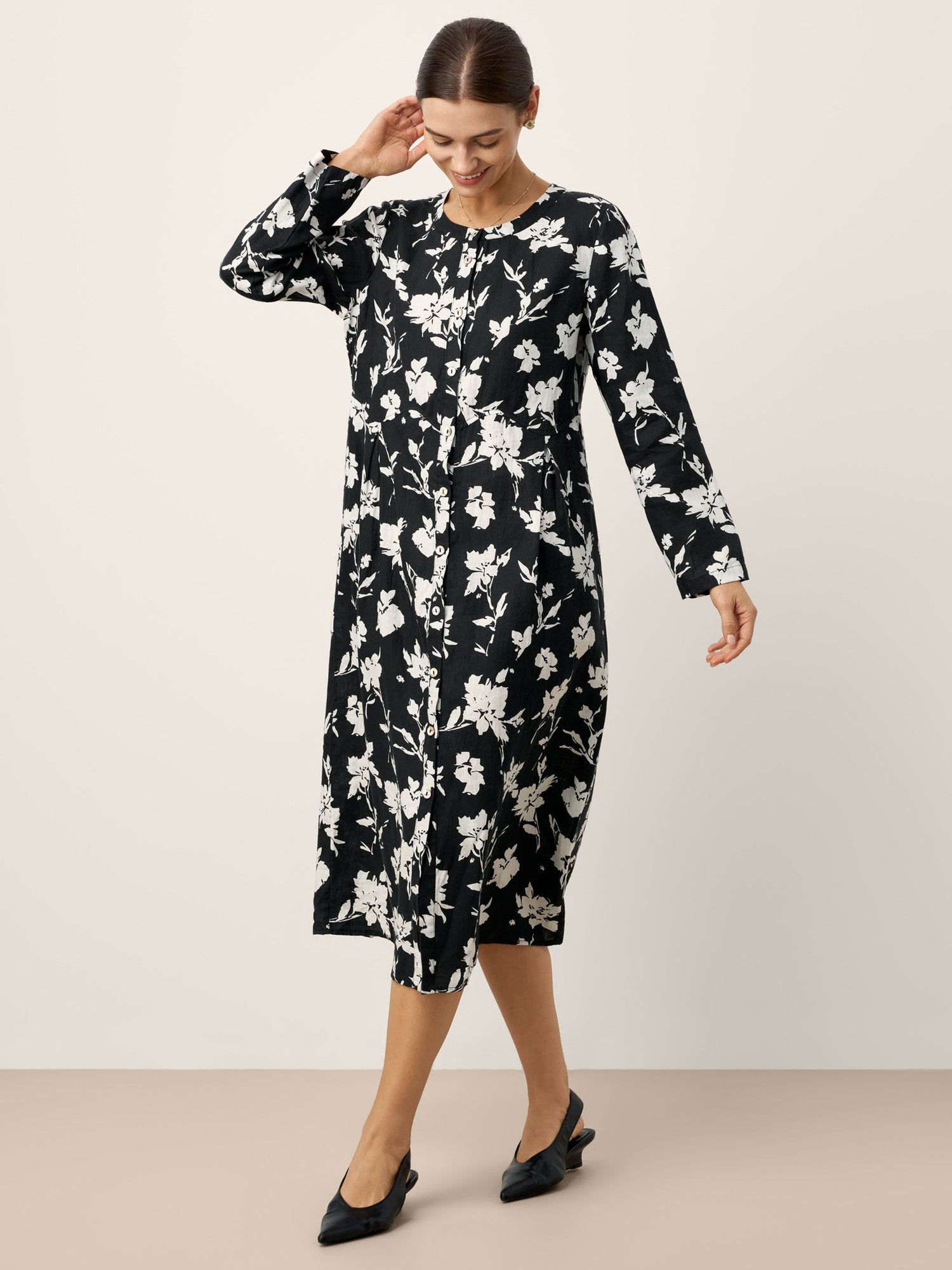 100% Linen Floral Printed Gathered Maxi Dress ELODIE by LINTICO