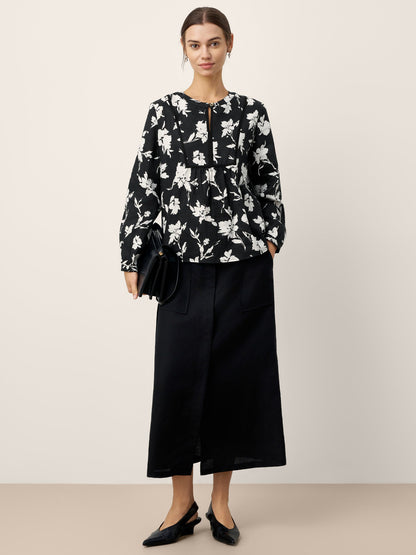 100% Linen Floral Printed Gathered Pullover Top AMIYA by LINTICO