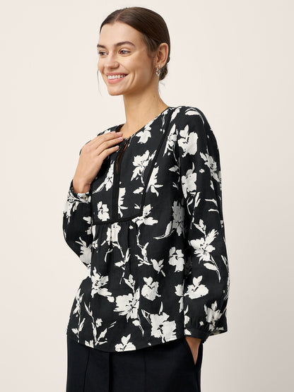 100% Linen Floral Printed Gathered Pullover Top AMIYA by LINTICO