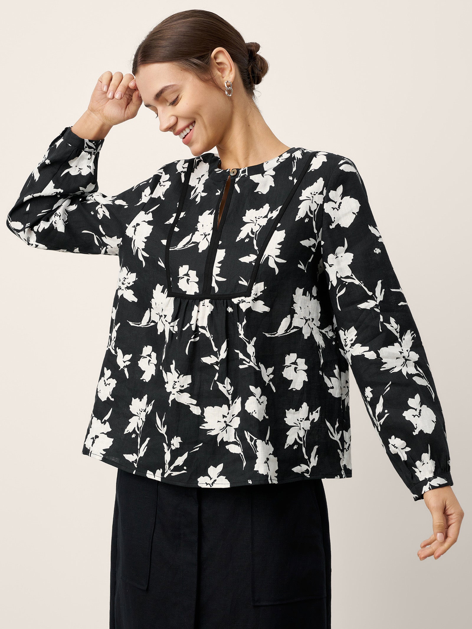 100% Linen Floral Printed Gathered Pullover Top AMIYA by LINTICO