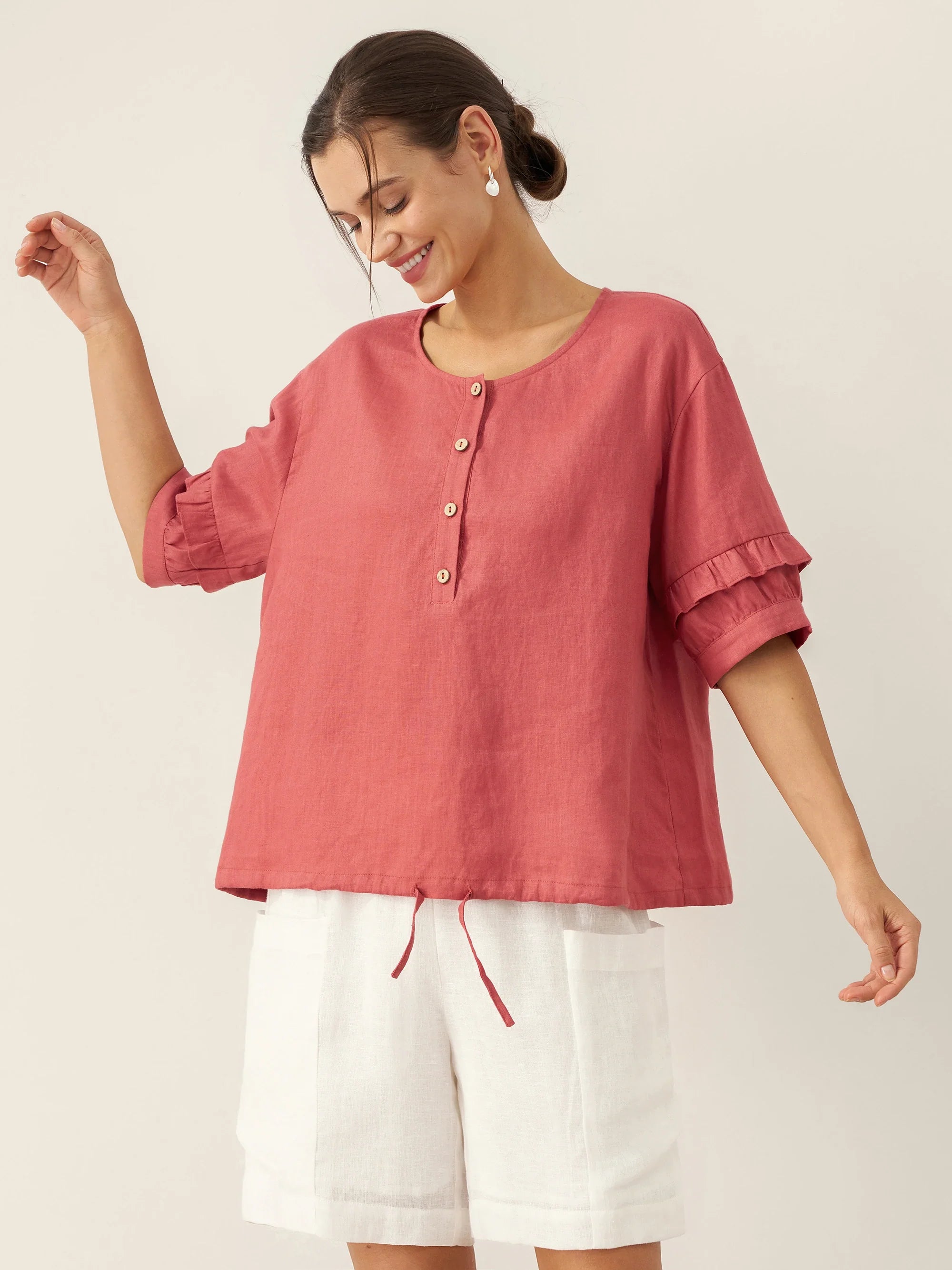 100% Linen Flutter Sleeve Drawstring Top ZOEY by LINTICO