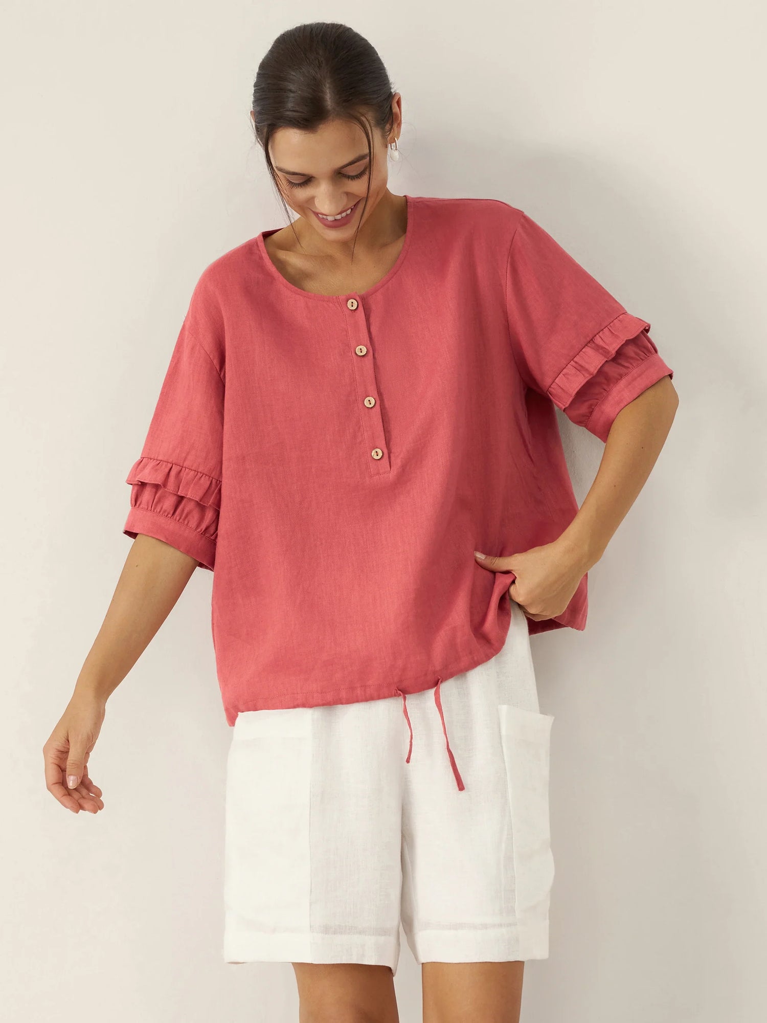 100% Linen Flutter Sleeve Drawstring Top ZOEY by LINTICO