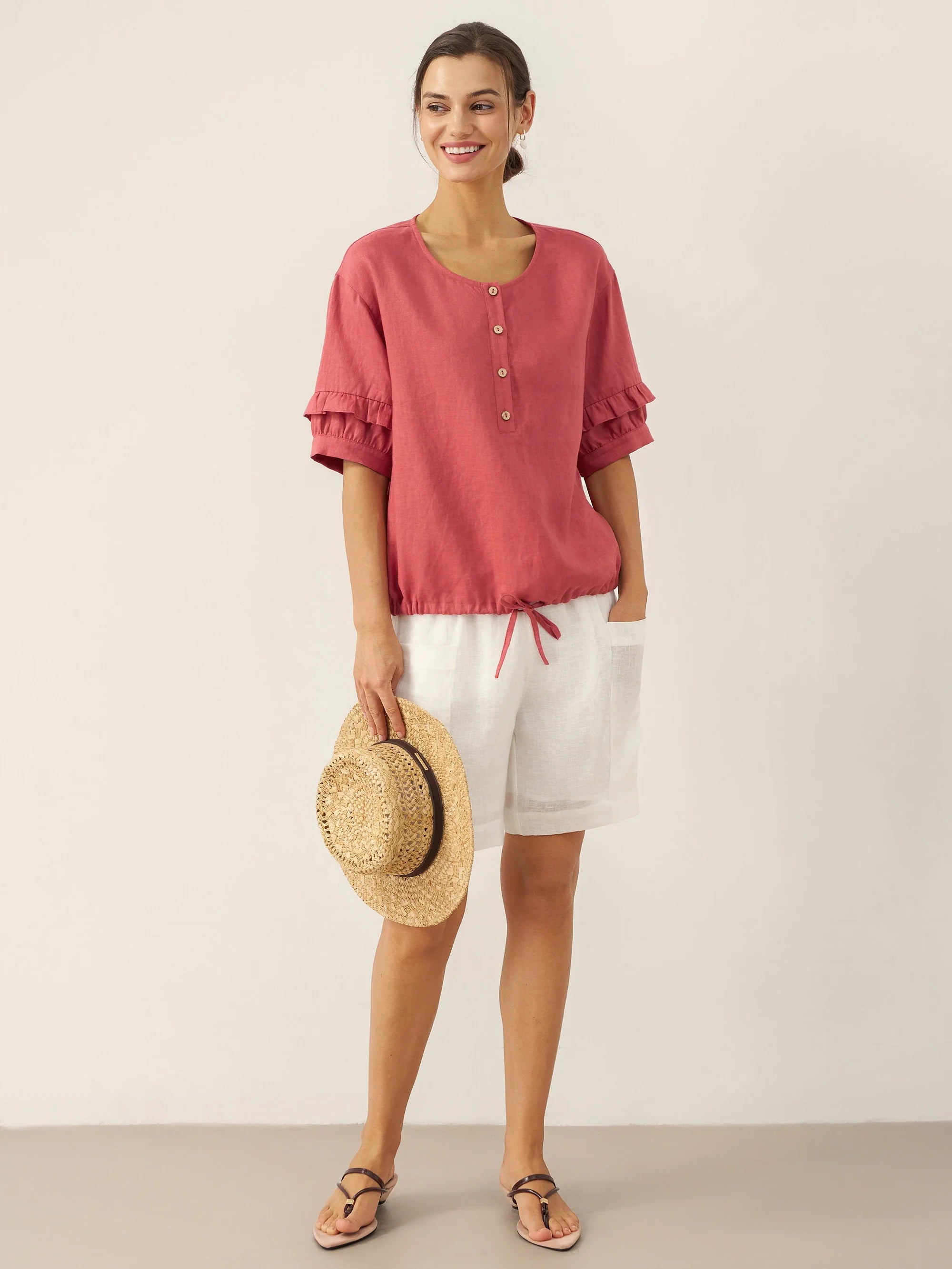 100% Linen Flutter Sleeve Drawstring Top ZOEY by LINTICO