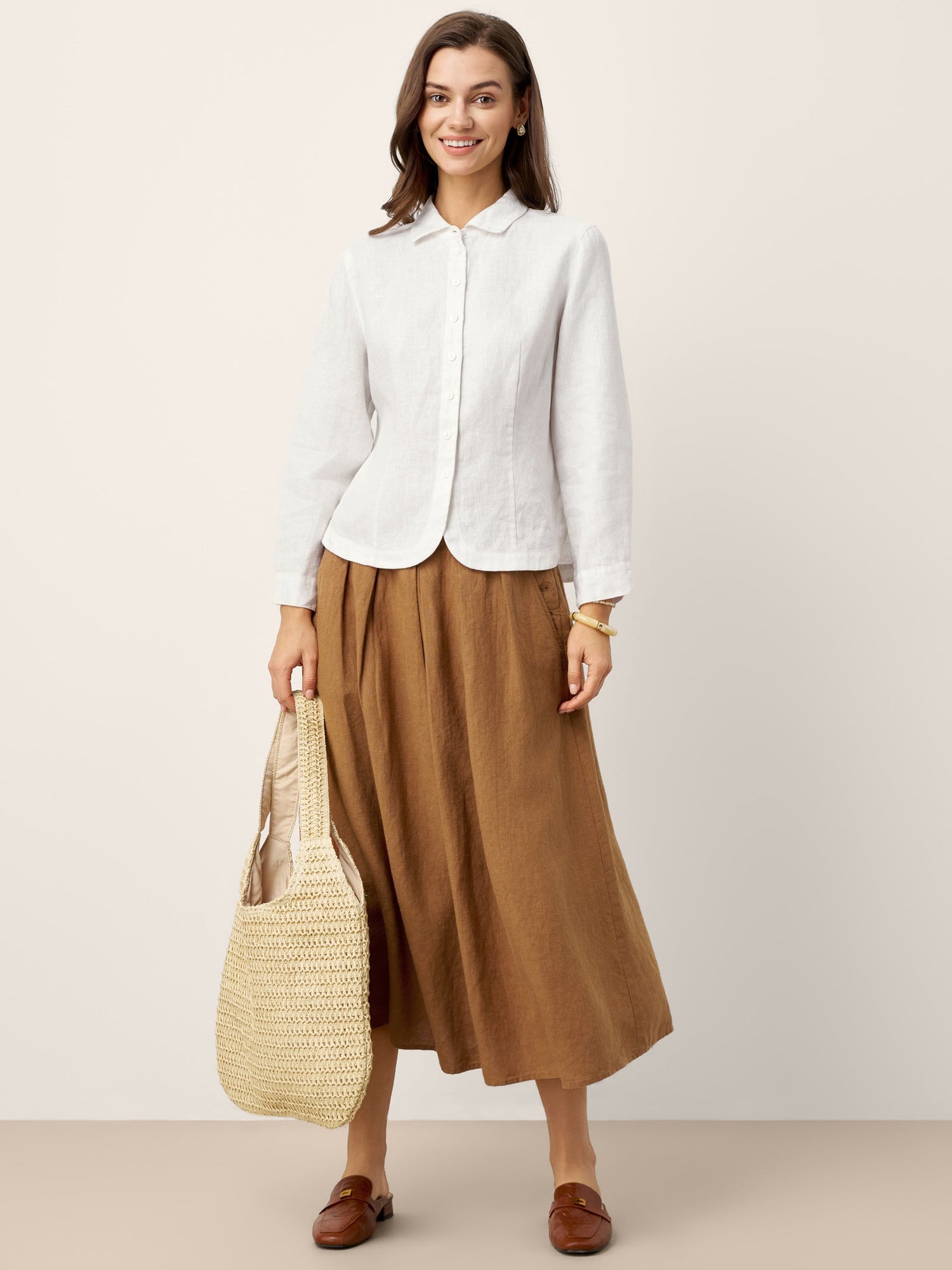100% Linen Small Collar Curved Hem Tailored Shirt AVELINE by LINTICO
