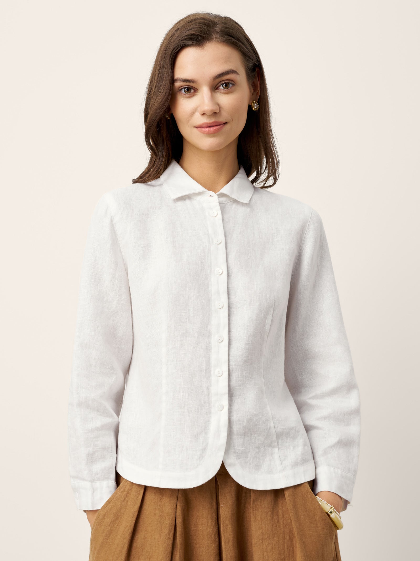 100% Linen Small Collar Curved Hem Tailored Shirt AVELINE by LINTICO