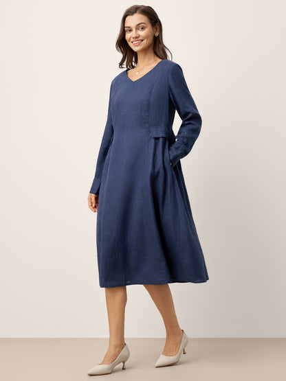 100% Linen Gathered Waist Flap Detail Midi Dress DIANA by LINTICO
