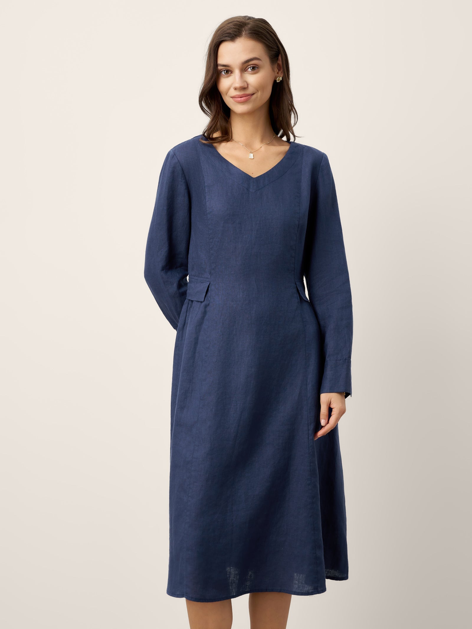 100% Linen Gathered Waist Flap Detail Midi Dress DIANA by LINTICO